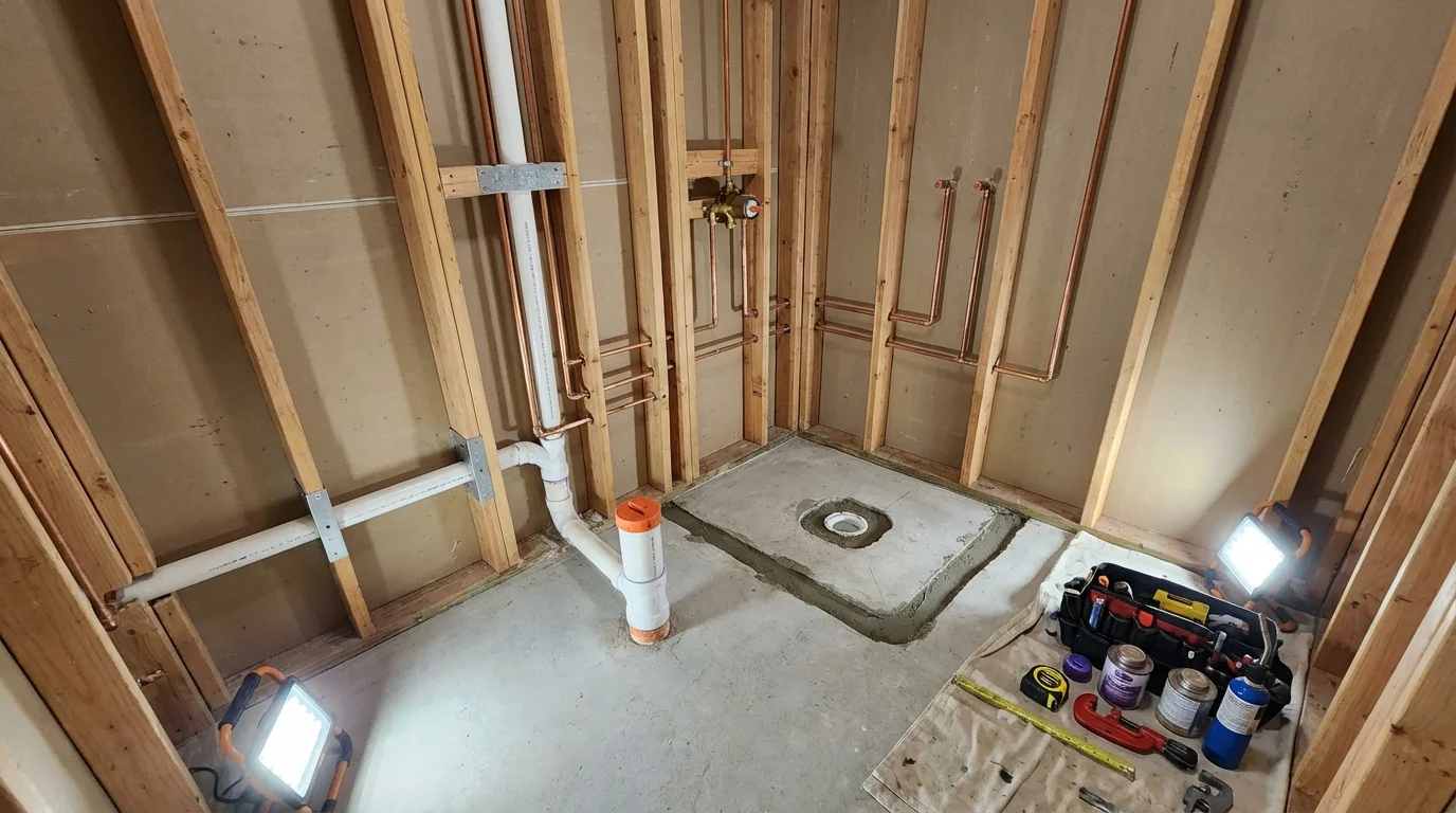 Bathroom rough-in plumbing during remodel by Johns Plumbing LLC in Crescent