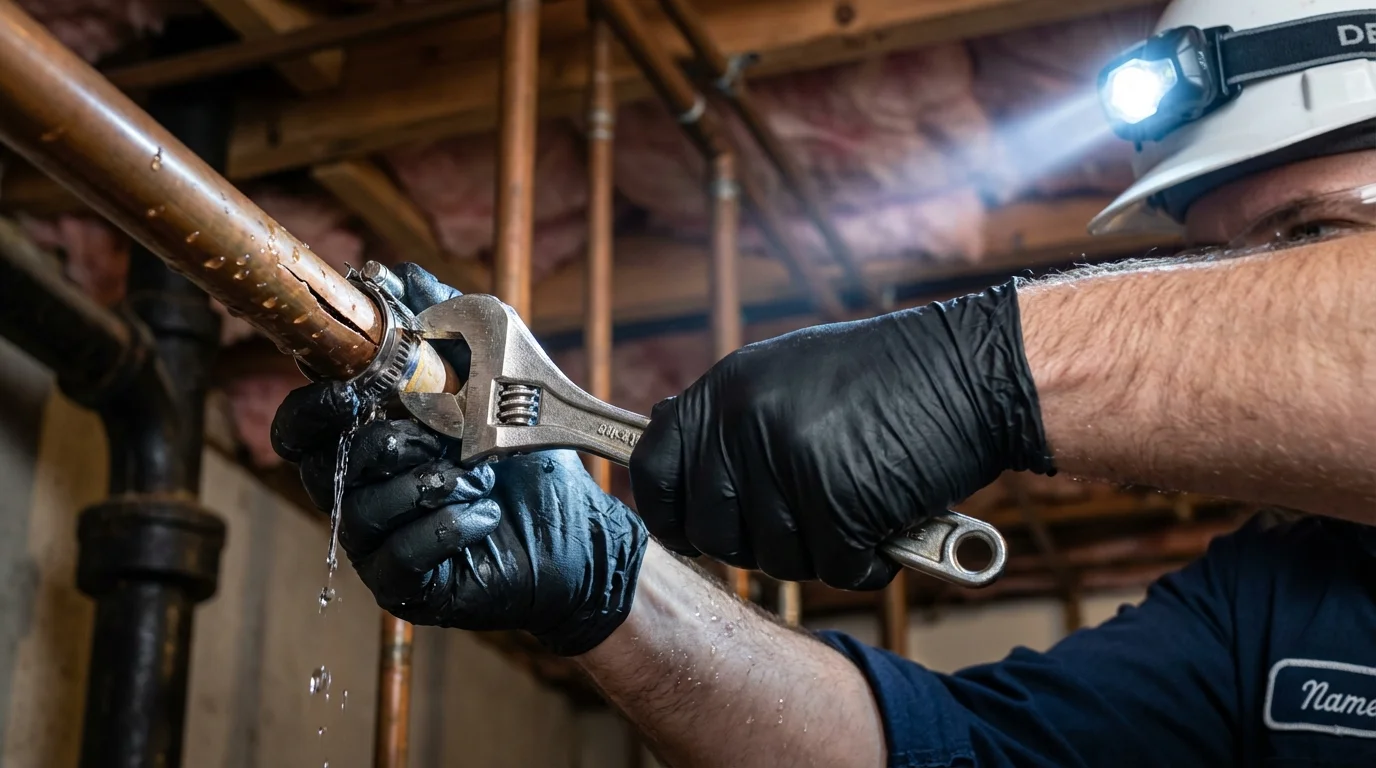 Emergency pipe clamp repair being performed by a Johns Plumbing LLC plumber in Crescent