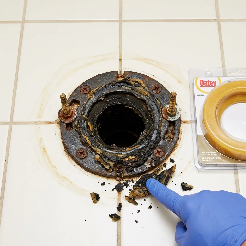 Failed wax ring showing water seepage at the base of a toilet in a Crescent, OK home