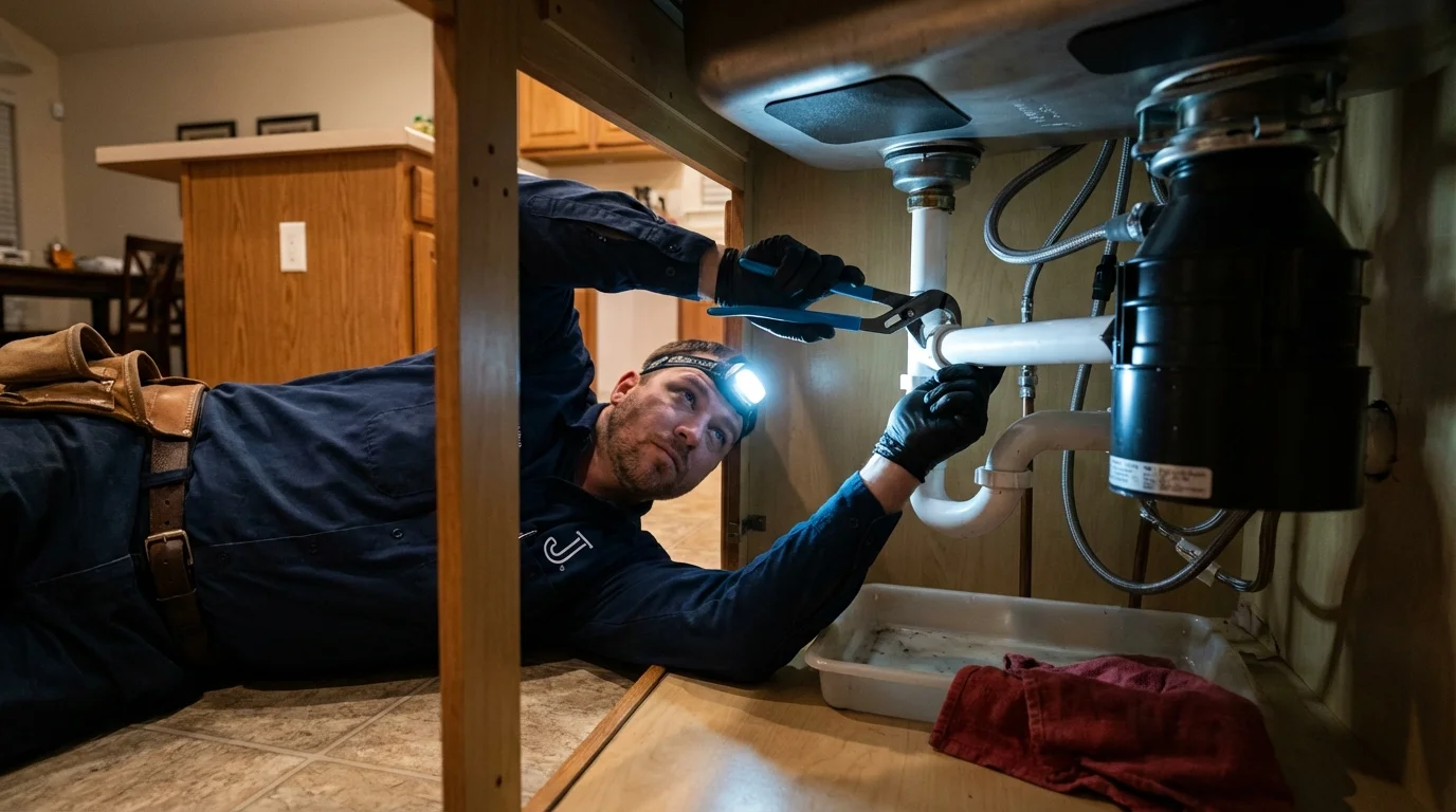 P-trap and supply line connections under a kitchen sink showing a common leak point in Crescent, OK